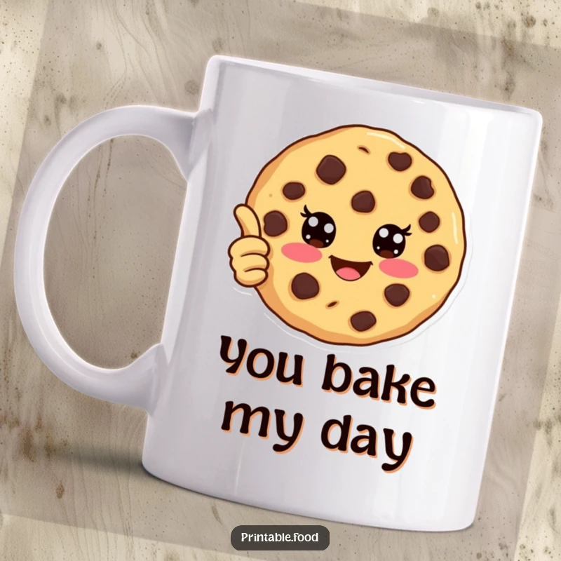 Funny mug featuring a joyful chocolate chip cookie with expressive eyes giving a enthusiastic thumbs up, representing happiness and approval.