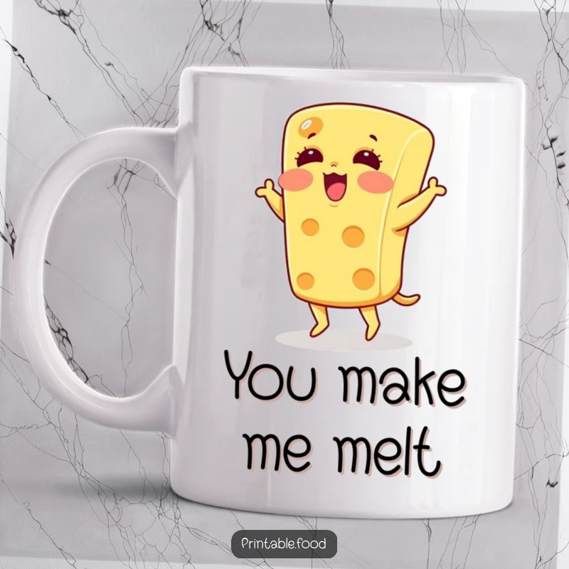 Funny blushing cheese character doing a silly jig dance move on a coffee mug, perfect for dairy humor.