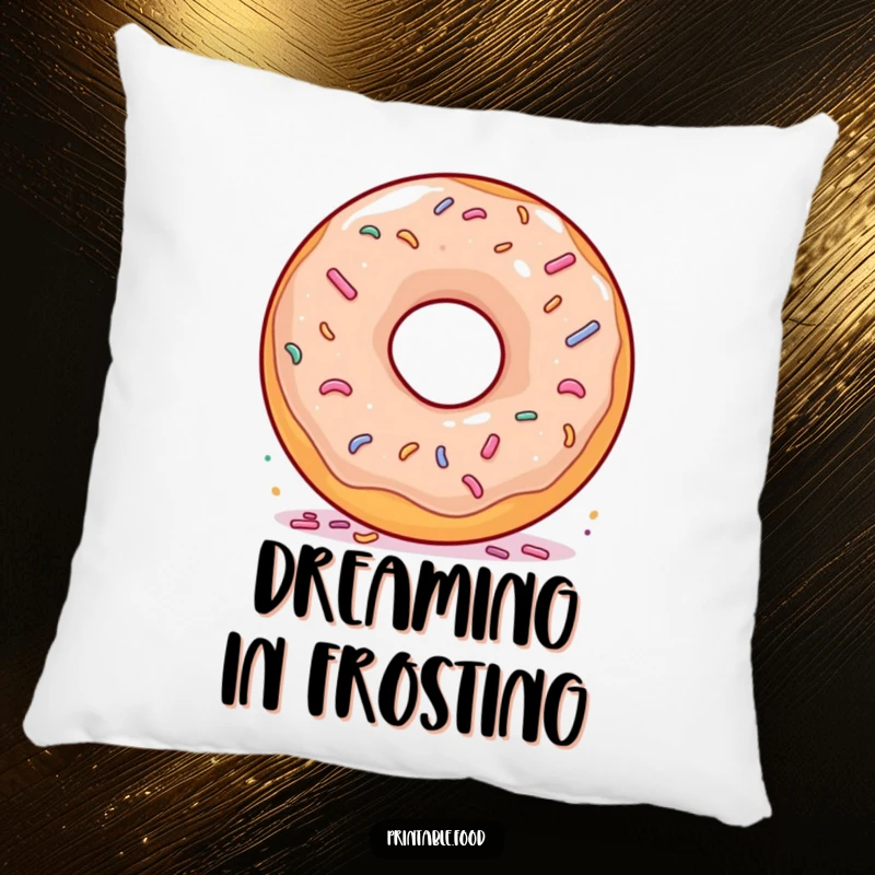 Funny Donut Spinning Sprinkles Pillow: A soft pillow showcasing a happy donut spinning, adorned with colorful sprinkles, perfect for cozying up.
