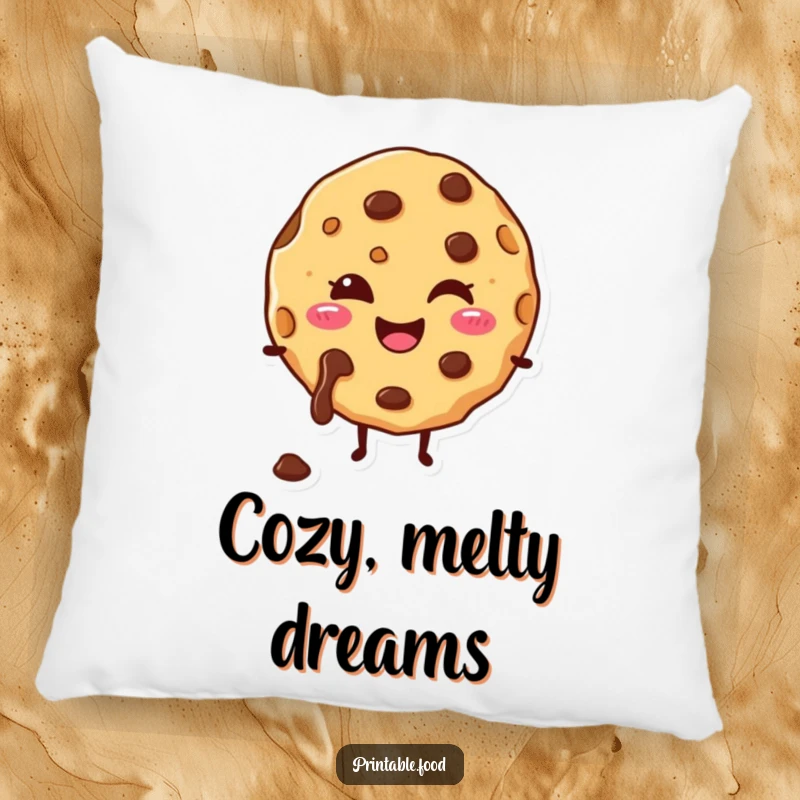 Funny pillow with a happy cookie character and melting chocolate chips, soft and sweetly humorous.