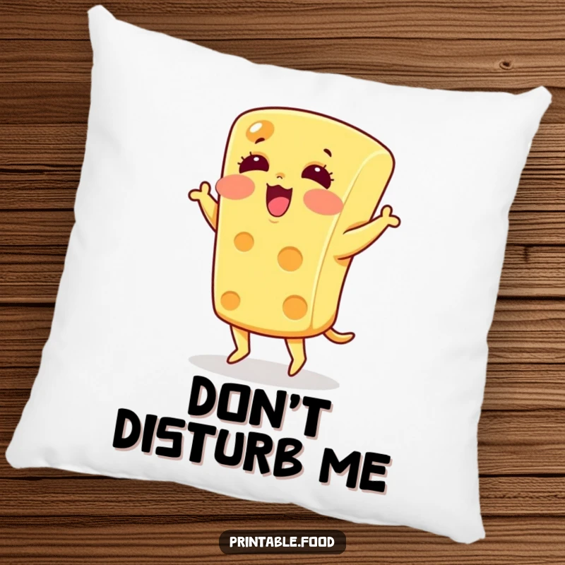 Funny blushing cheese doing a silly dance on a soft pillow, perfect for cozy food-themed humor.