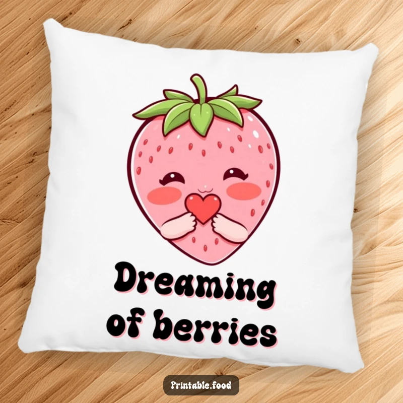 Funny decorative pillow with a shy, blushing strawberry character offering a small heart, perfect for adding cute and humorous comfort.