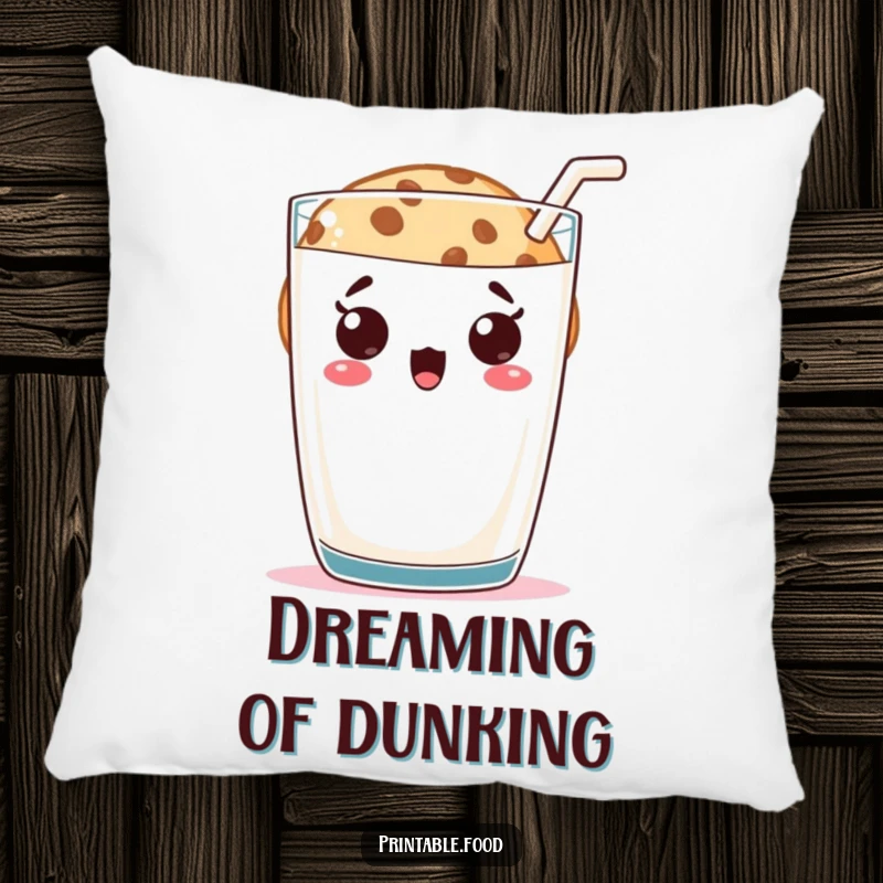 Funny cookie character peeking with surprise from behind a glass of milk, on a soft pillow, offering comfort and comedic relief.