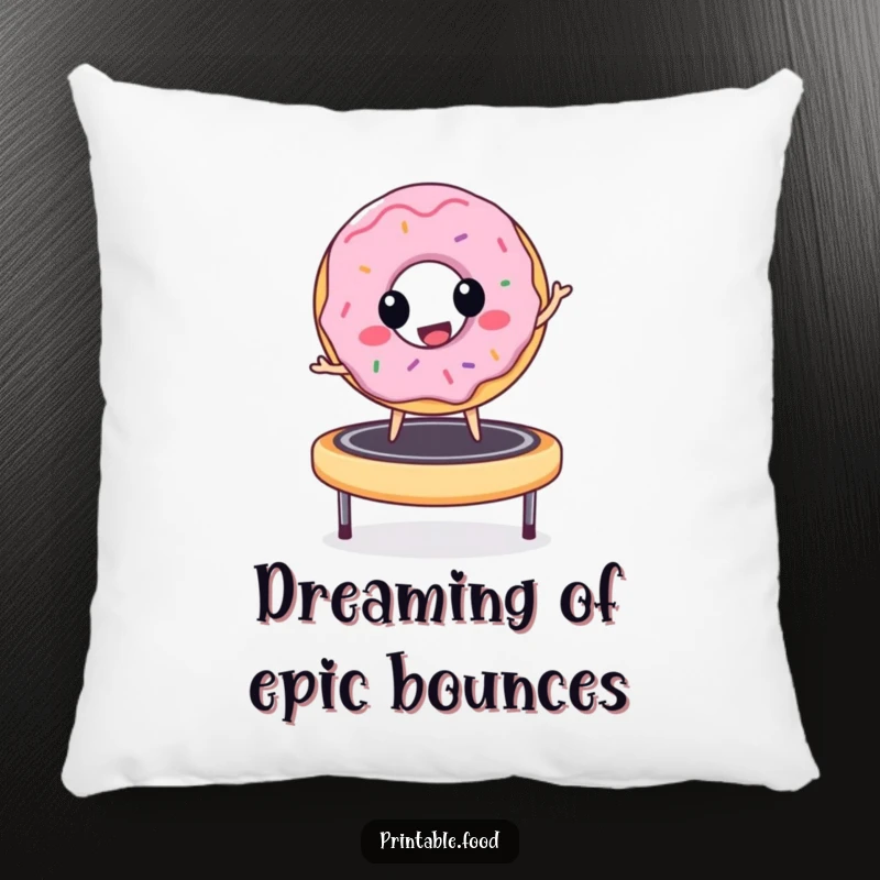 Funny donut character bouncing joyfully on a trampoline, designed on a soft pillow, offering comfort and a splash of comedic cheer.