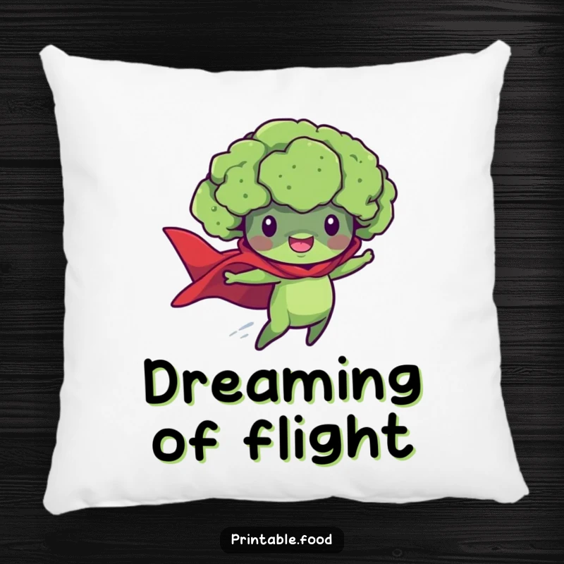 Funny pillow featuring a brave broccoli floret superhero mid-flight, adding a playful touch to any seating area.