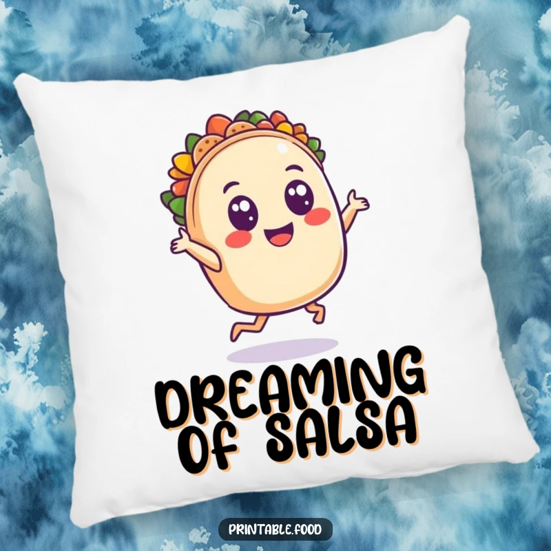 Funny pillow showcasing a smiling taco character dancing with wide eyes, offering comfort and a splash of festive, humorous charm.