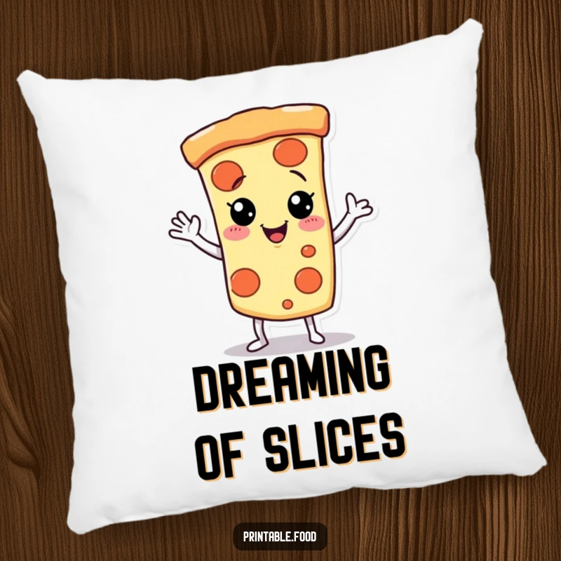 Funny Pillow with a giggling pizza slice character dancing, offering comfort and cheesy delight.