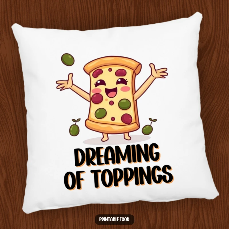 Funny pillow featuring a soft illustration of a pizza slice character catching falling olives, for comfort and cheesy humor.