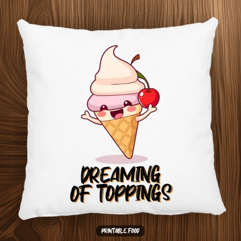Funny ice cream cone pillow with a playful character and a bouncing cherry, perfect for comfort and sweet decor.