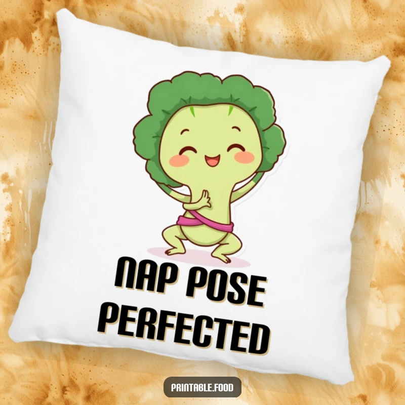Funny Pillow: Broccoli character in a peaceful yoga pose, a soft and humorous addition to any comfortable space.