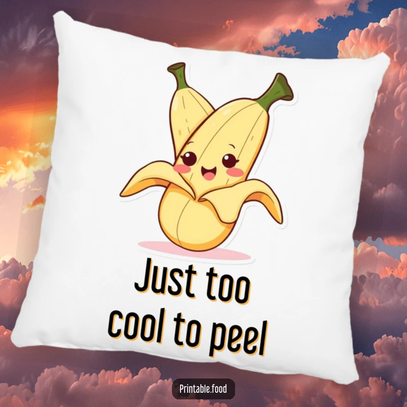 Funny pillow showcasing a smiling banana character peeling itself with a mischievous expression, perfect for cozying up with humor.