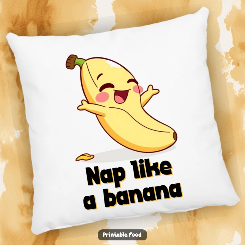 Funny pillow: A giggling banana character is captured mid-fall after slipping on its own peel, eyes wide with cartoonish amusement.