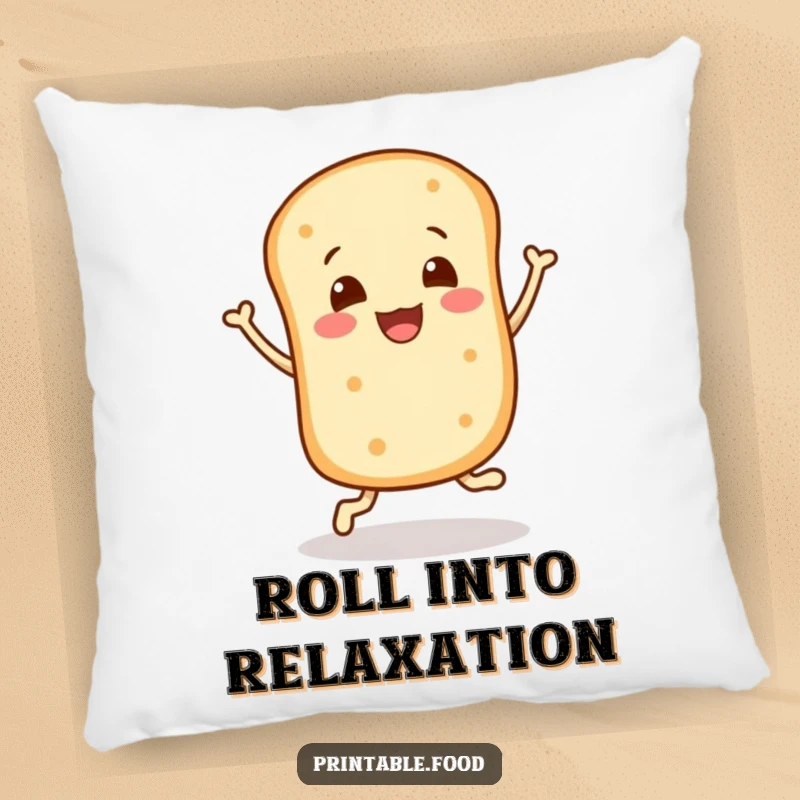 Funny pillow: A smiling bread roll character bounces enthusiastically, adding a touch of playful charm to any room.