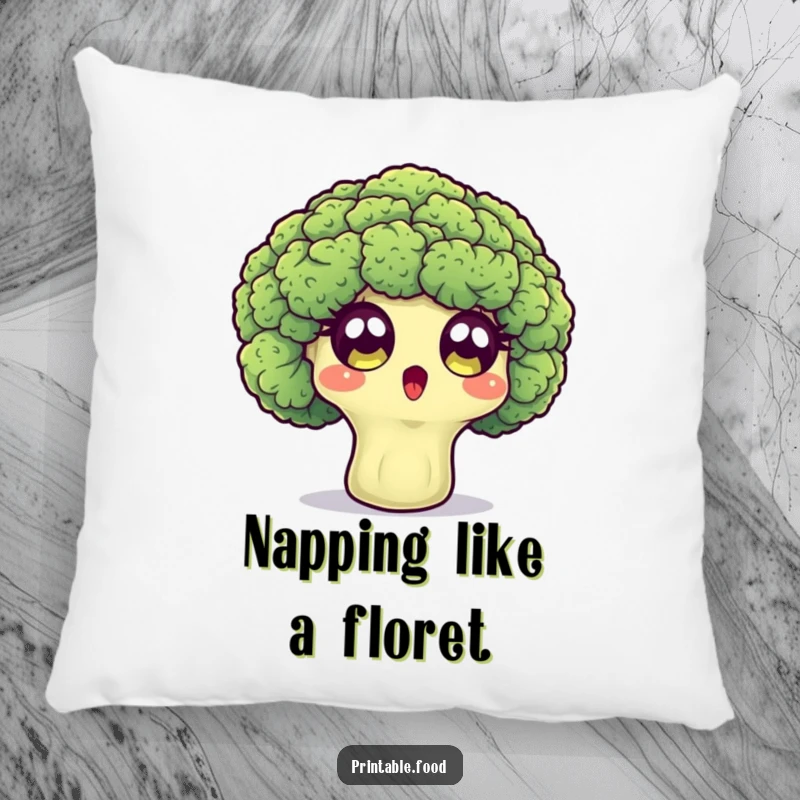 Funny pillow with a surprised broccoli floret character showing wide eyes, soft and humorously expressive.