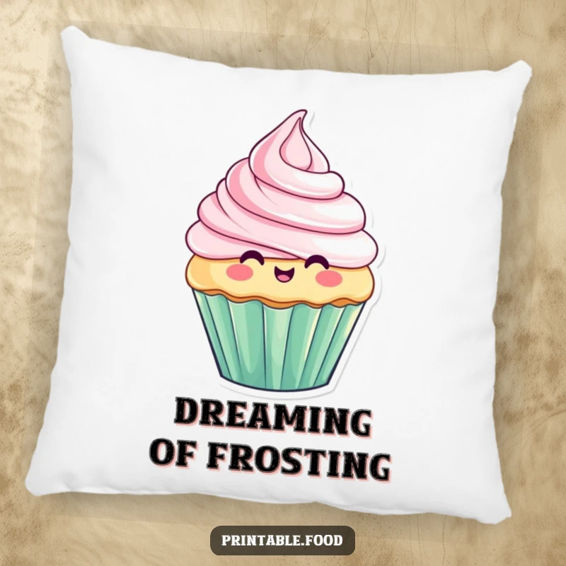 Funny pillow showcasing a cute cupcake character with frosting in a state of comical, dynamic rising and falling, perfect for cozying up.