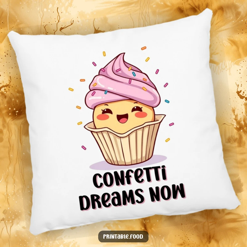 Funny Pillow with a cheerful cupcake character showering confetti, offering soft, festive cheer.