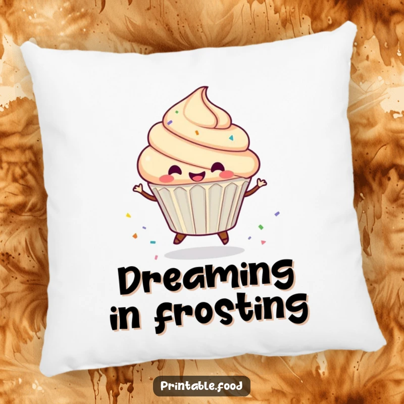 Funny Pillow featuring a joyful, spinning cupcake character scattering a colorful, playful trail of sprinkles: soft and amusing.