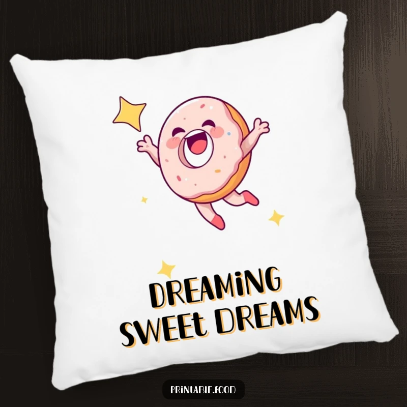 Funny laughing doughnut leaping into a starry sky on a soft pillow, perfect for sweet and cozy humor.