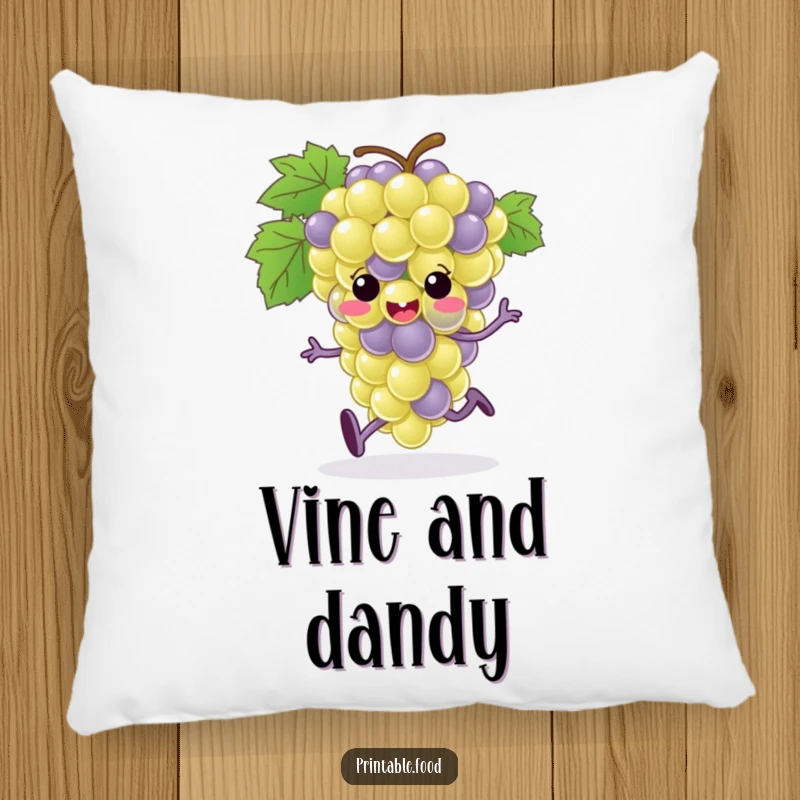 Funny and soft grape bunch character with tiny feet in a running pose, designed for a comfortable and humorous throw pillow.