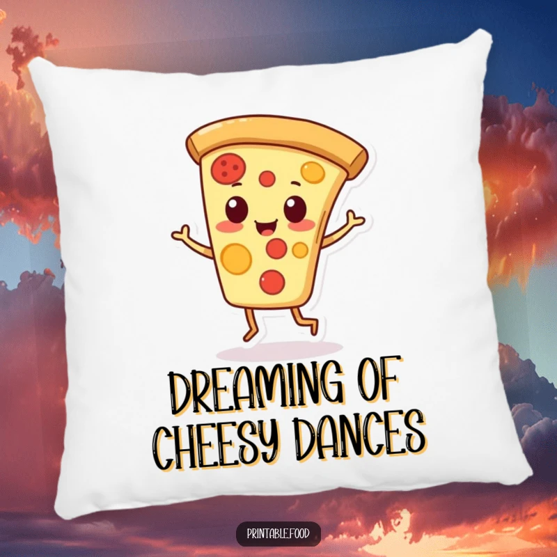 Funny pillow with a playful pizza slice character doing a jaunty jig, soft and cheerfully humorous.