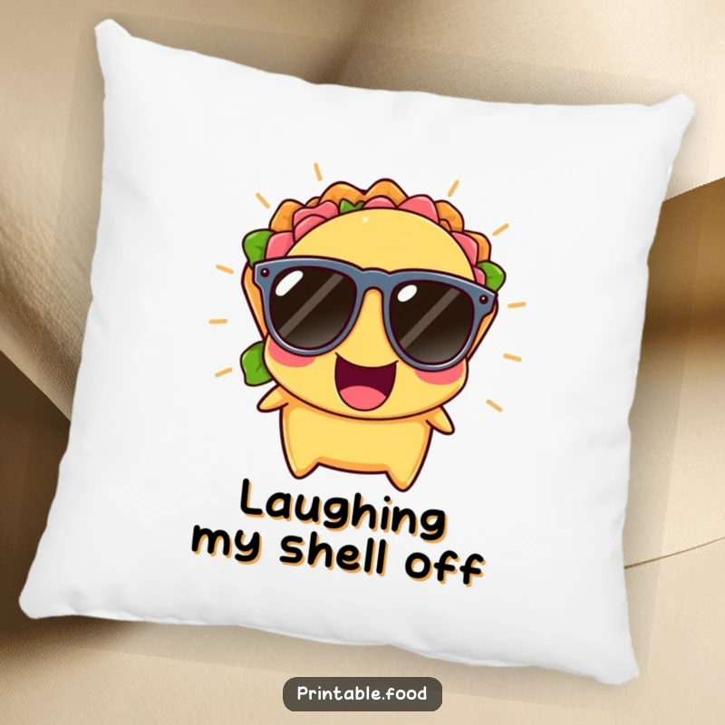 Funny Pillow featuring a cheerful taco in sunglasses, bursting with laughter, offering plush comfort and festive cheer.