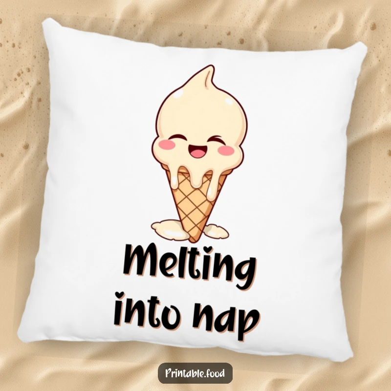 Funny pillow featuring a soft illustration of a winking ice cream cone melting with laughter, for comfort and sweet fun.