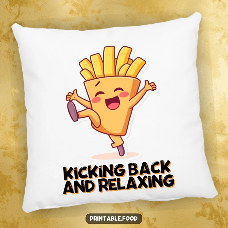 Funny pillow with a delighted french fry character performing a high kick, offering comfort and a cheerful dose of humor.