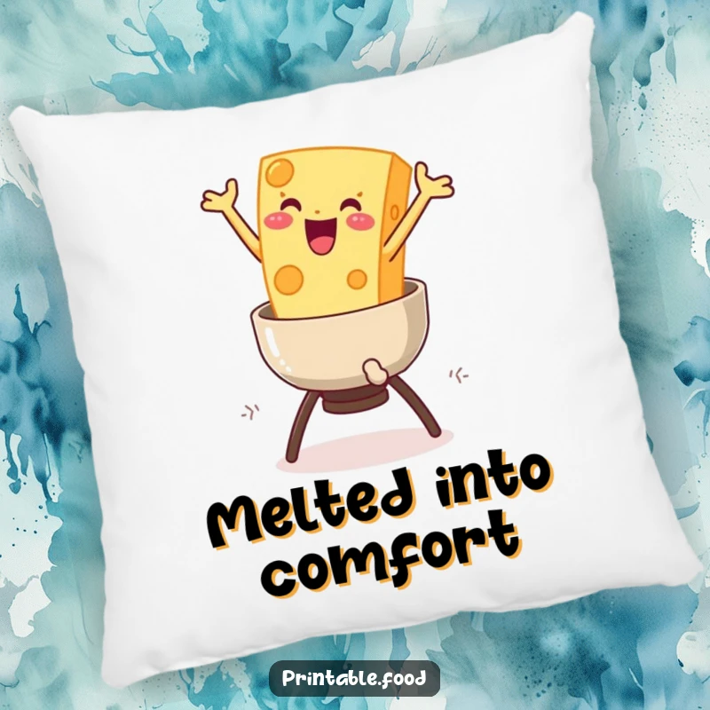 Funny Cheese Fondue Pillow: A delighted cheese character dives into a fondue pot, offering comfort and a generous helping of cheesy humor.