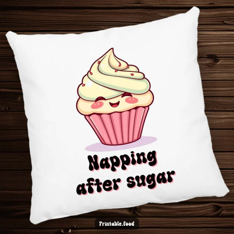 Funny pillow with a giggling cupcake character puffing out frosting, soft and comfortable.