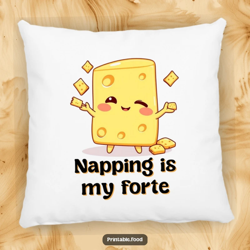 Funny pillow with a winking cheese wedge character juggling crackers, providing soft comfort and a delightful, cheesy visual gag.