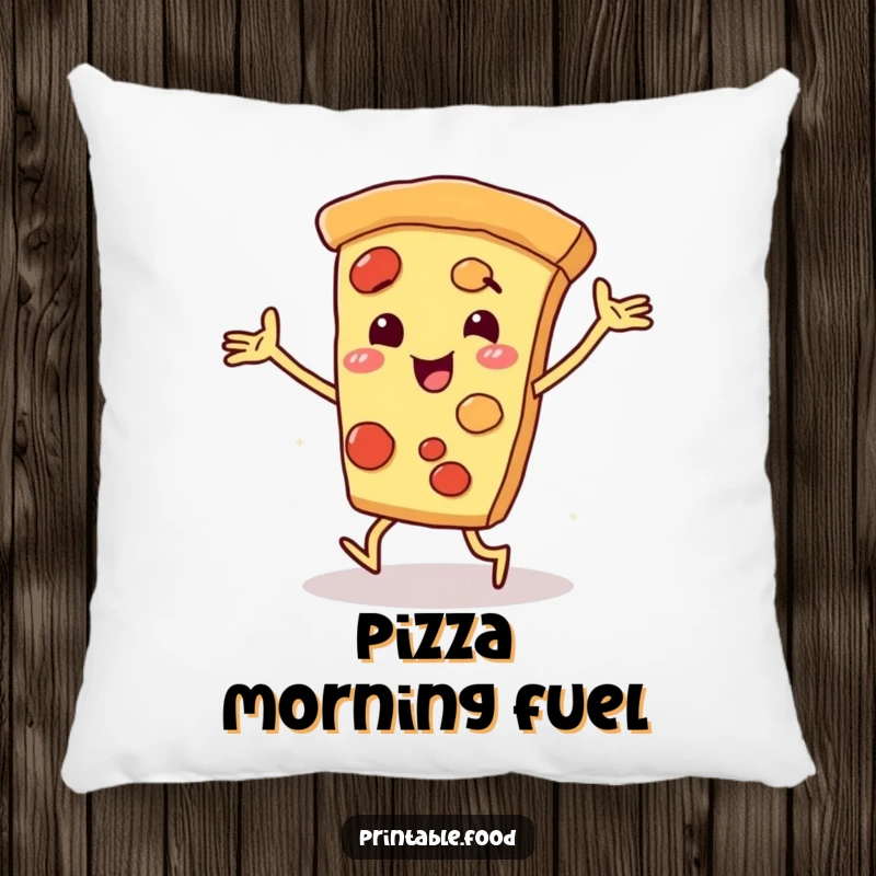 Funny and soft pizza slice character with arms and legs dancing joyfully on a pillow, offering comfort and humor.