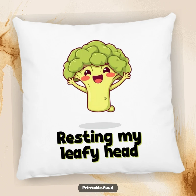 Funny pillow showcasing a cheerful broccoli floret mid-jump, designed for maximum coziness and a delightful visual punch of veggie humor.