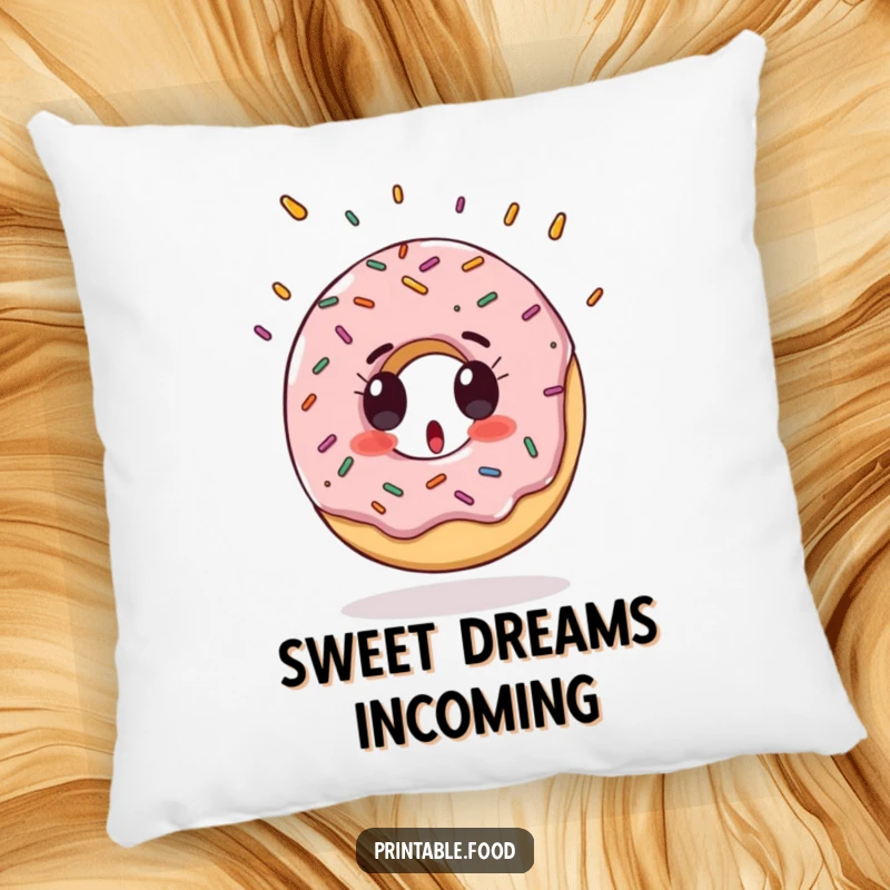 Funny Pillow with a surprised donut character and falling sprinkles, offering soft, sweet comfort.