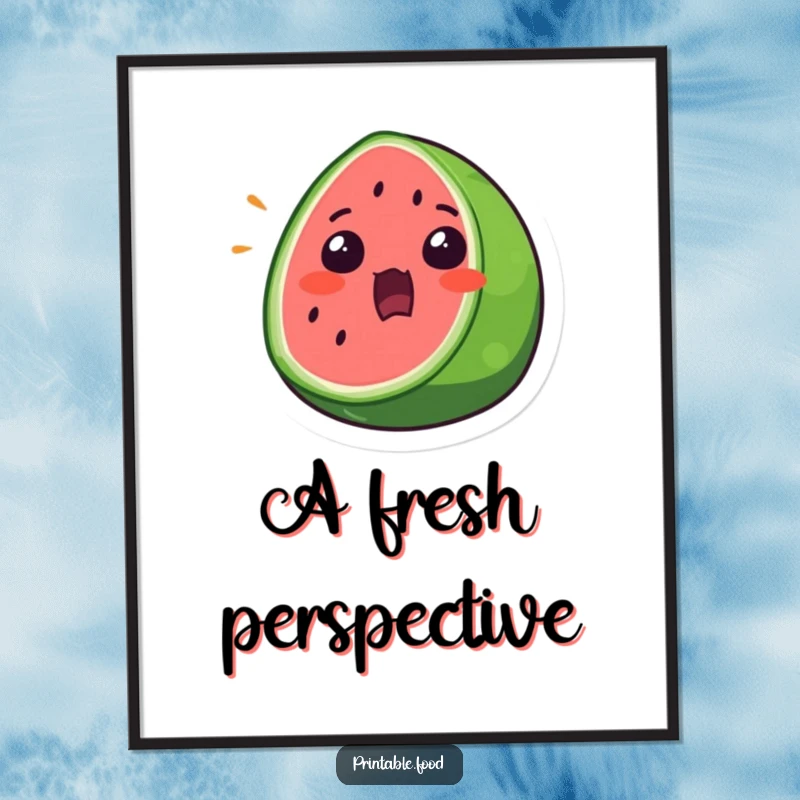 Funny Digital Art Print of a surprised watermelon slice with a wide mouth open, embodying playful surprise.