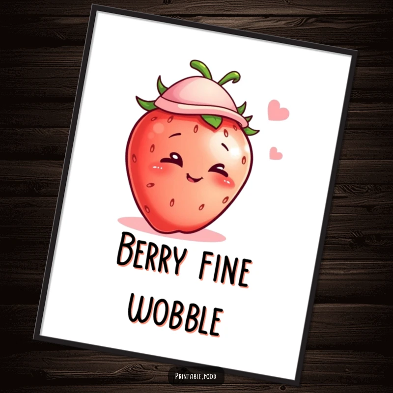 Funny digital art print of a mischievous strawberry with a tiny hat giving a wink, whimsical and humorous.