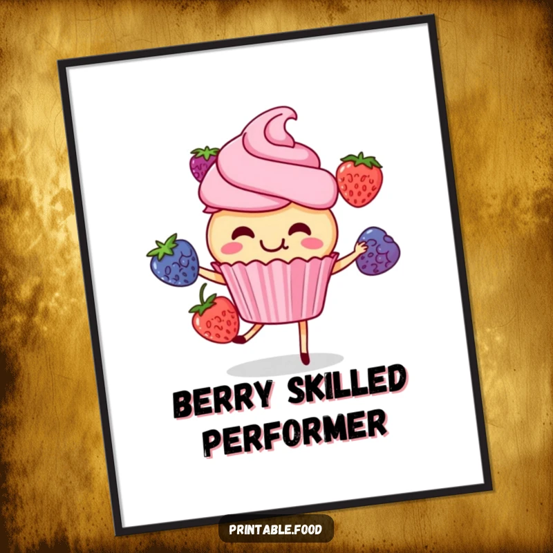 Funny cupcake character joyfully giggling while juggling colorful berries, captured in digital art, conveying sweet happiness and playful talent.