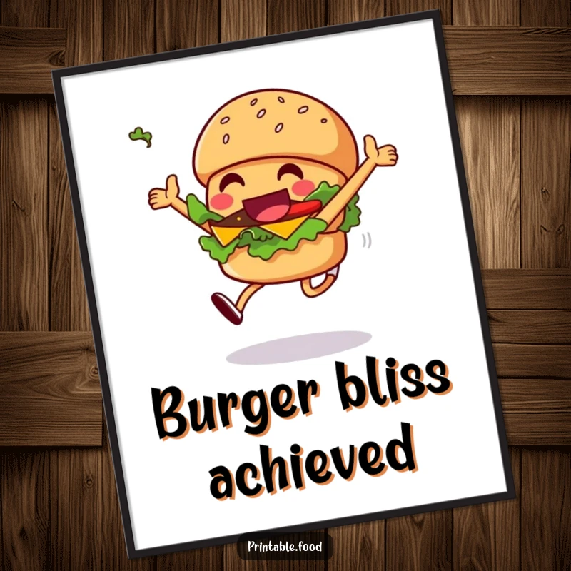Funny grinning burger digital art print of a character leaping with delight, lettuce flying, instantly downloadable for fun.
