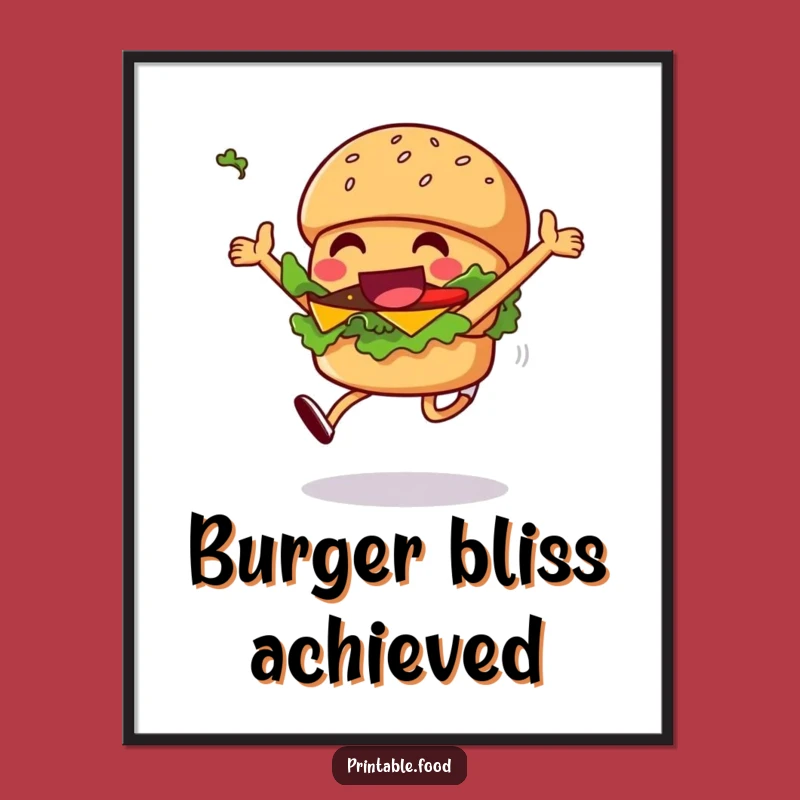 Funny Burger Digital Art: Leaping Character Print, Instant Funny Gift Download