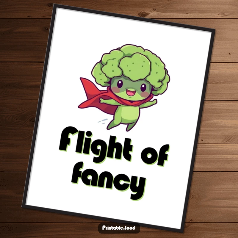 Funny digital art print of a broccoli floret in a superhero cape, flying majestically, ready to inspire.