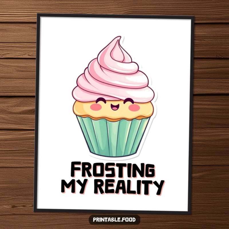 Funny digital art print of a cupcake character with frosting in a state of hilarious rising and falling, perfect for vibrant wall decor.
