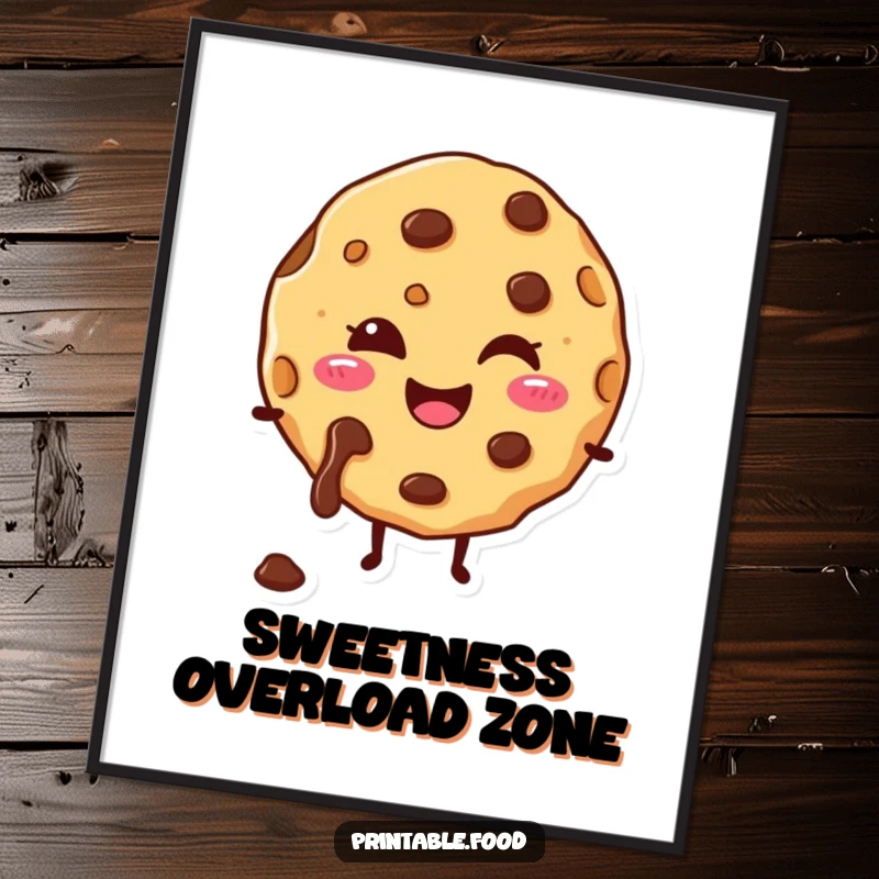 Funny digital art print of a happy cookie character with melting chocolate chips, vibrant and joyful.