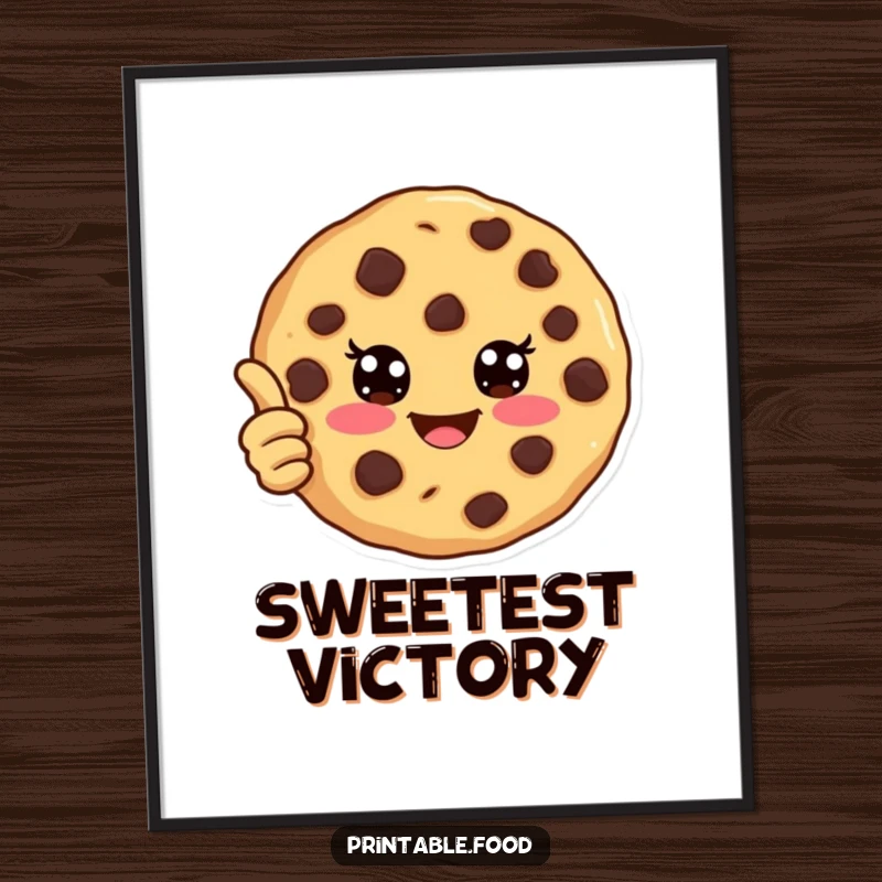 Funny digital art print of a joyful chocolate chip cookie giving a thumbs up, symbolizing happiness and sweet approval. Instant download.