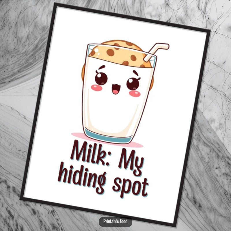 Funny cookie character peeking with surprise from behind a giant milk glass, captured in digital art, conveying playful and humorous shock.