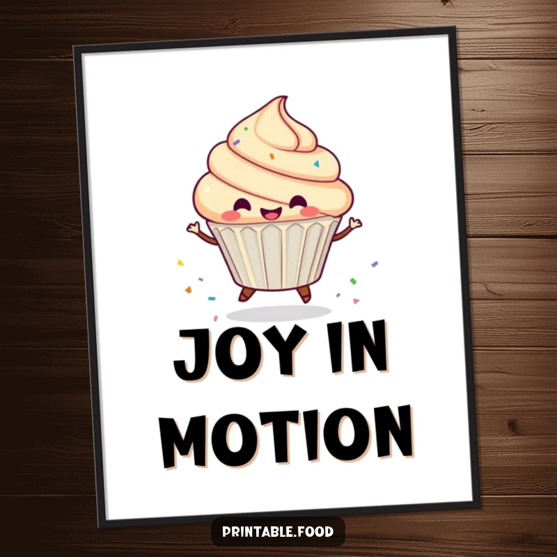 Funny Digital Art print of a gleeful cupcake character in a mid-spin, leaving a dynamic trail of colorful sprinkles.