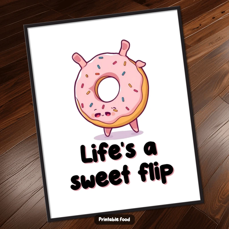 Funny Donut Somersault Digital Art: A plump, sprinkled donut character performs a cheerful somersault, offering instant sweet charm and humor.