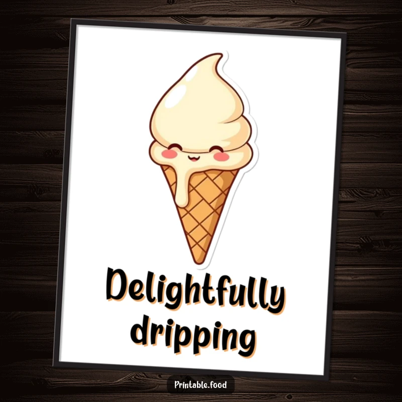 Funny digital art print of a joyfully giggling ice cream cone in the middle of a delightful melt, radiating sweet cheer for your walls.