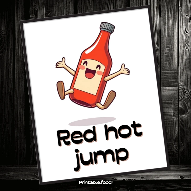 Funny digital art print of a ketchup bottle joyfully performing a cartwheel, capturing condiment-themed fun.