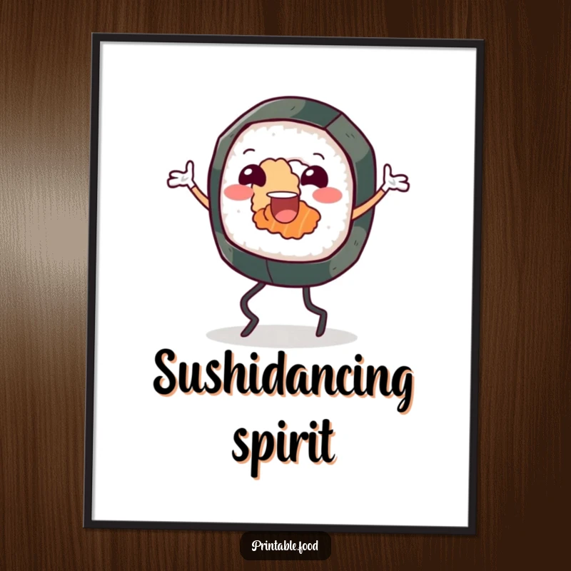 Funny digital art print of a cheerful sushi roll character with legs, captured in a dynamic, joyful jig, perfect for instant decor.