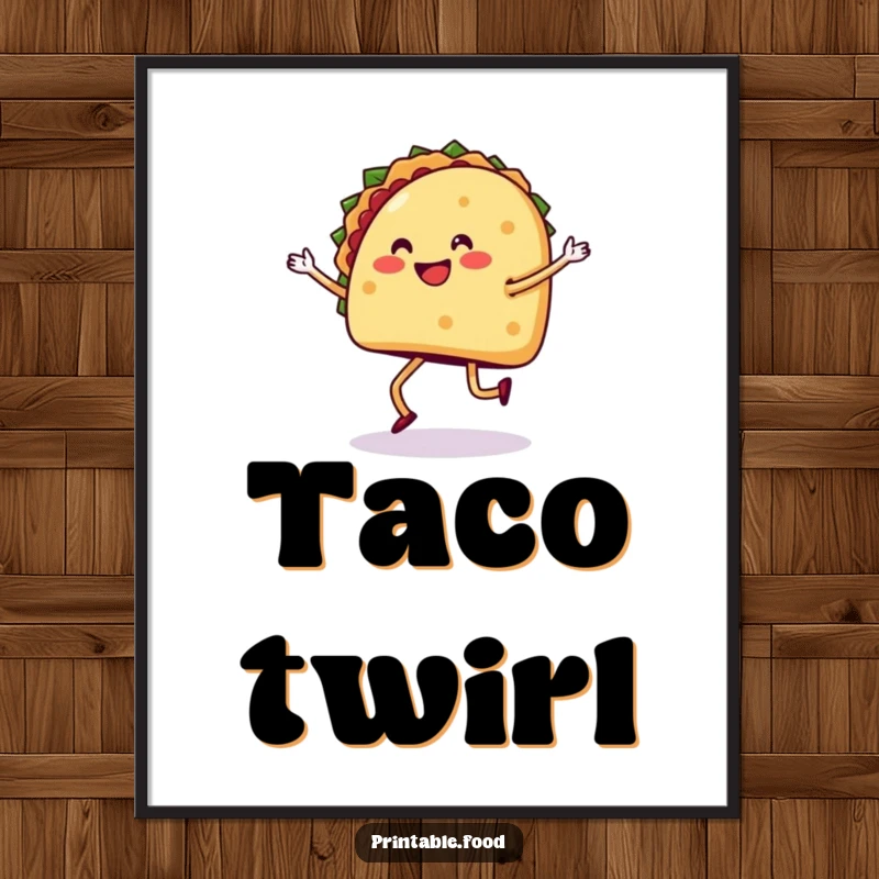 Funny digital art print of a taco with legs joyfully dancing the salsa, embodying a vibrant fiesta spirit.