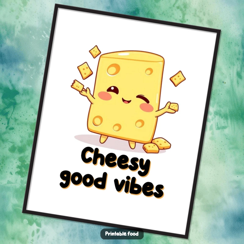 Funny digital art print of a winking cheese wedge character juggling crackers, adding vibrant, humorous decor to any space.